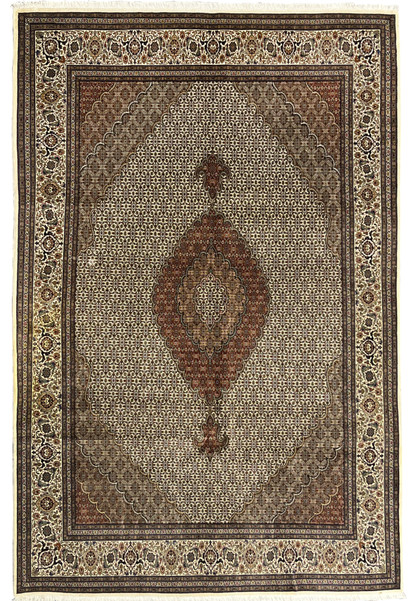 7x11 handmade Persian Tabriz Mahi wool silk rug 50 Raj fish pattern ivory field brown burgundy medallion Persia