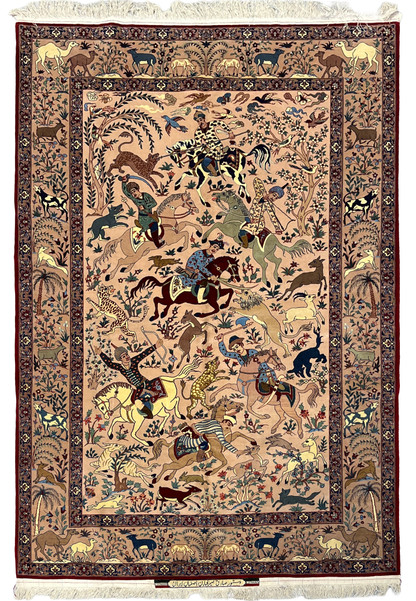 Fine 5x8 Persian Isfahan Seirafian rug with royal hunting scene on blush ground, full view