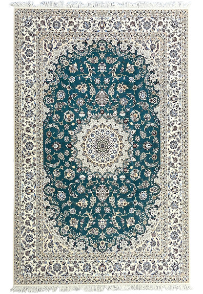 Fine 7x10 Persian Nain 6La Habibian rug, teal field ivory medallion, wool and silk, full view