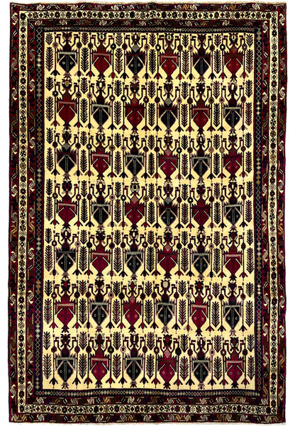 Hand-knotted 5x8 Persian Afshar tribal rug, ivory ground boteh vase design in navy and burgundy