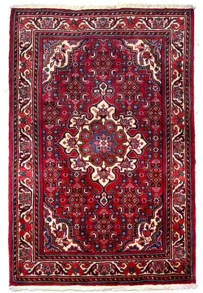 3x5 Persian Koliai tribal rug thick wool red ivory navy Herati medallion full view hand-knotted