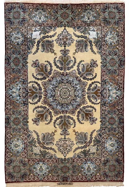5x8 Persian Isfahan rug signed Master Ebrahimpour with snowflake medallion on ivory field, full view