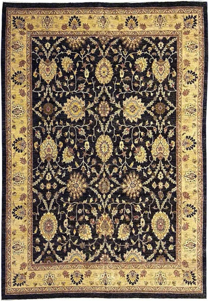 12x15 authentic Oriental Agra rug full view with black field, gold floral palmettes, and antique gold border