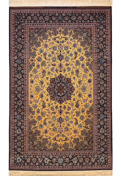 Hand-knotted 6x10 Persian Isfahan rug full view signed Haghighi, saffron yellow field with navy floral border