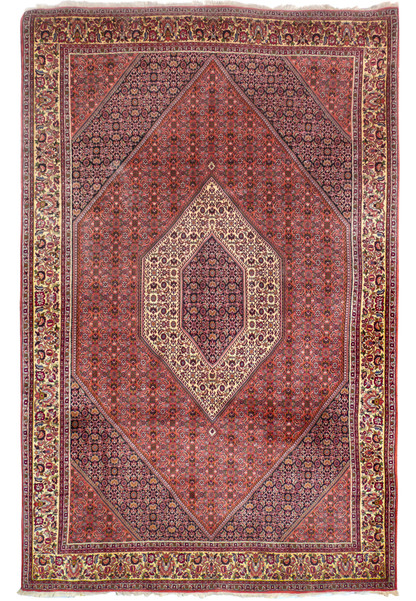 Full overhead view of 7x10 Persian Bijar rug with double diamond medallion on terracotta herati field