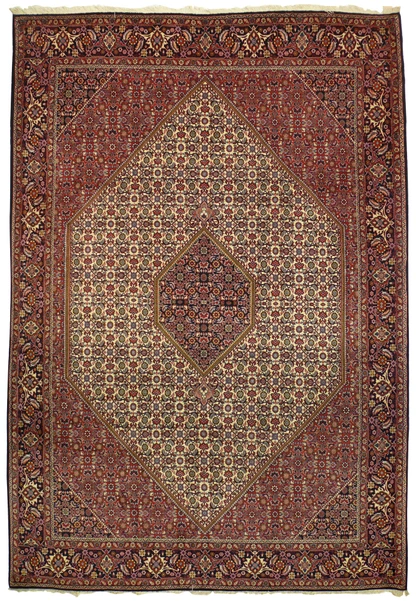 Full overhead view of 7x10 Persian Bijar rug with stepped diamond medallion on ivory herati ground