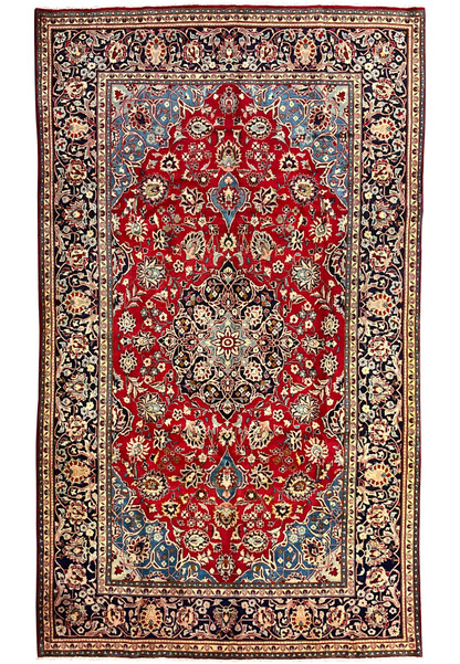 Full overhead view of 8x13 Persian Najafabad rug, rose red field with navy border and layered floral medallion