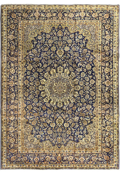 10x13 Persian Kashan rug full view, deep navy field with elongated ivory medallion, allover floral, hand-knotted wool