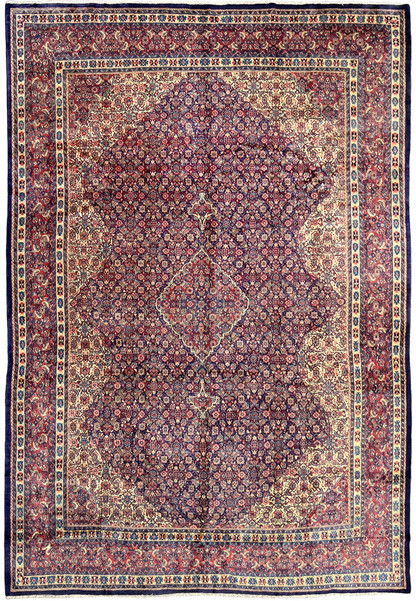 10x15 Persian Sarough rug full view, navy field with dense floral lattice and salmon boteh, authentic handmade