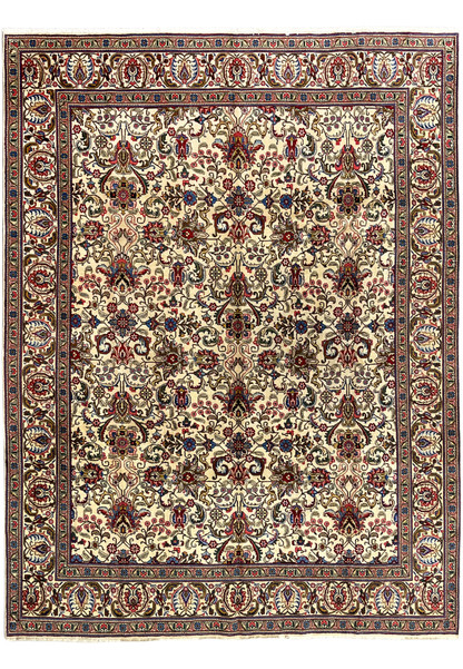 10x12 Persian Tabriz rug full view, ivory field with allover floral drawing and palmette border, authentic handmade