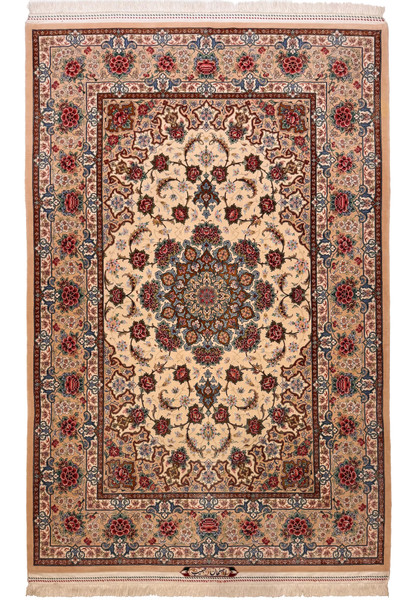 5 by 7'4 Persian Isfahan rug signed by Master Habib, full view of ivory field with peach border and rose medallion