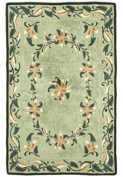 6x9 hand-hooked Oriental rug with scrolling floral vines on a soft sage green field