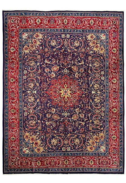 Full view of 10x13 navy Persian Mahal with red main border and ivory guard bands, handmade wool
