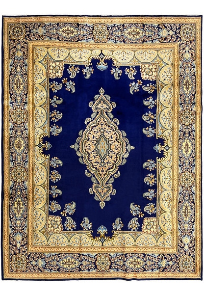 9'10 x 13'7 Persian Yazd rug full view, midnight navy field with elongated floral medallion and ivory cartouche border