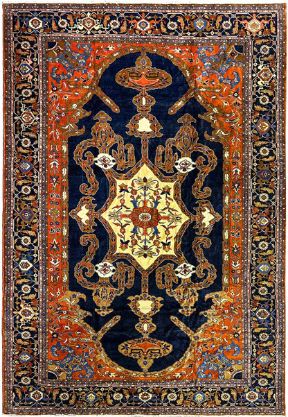 14'2 x 19'2 oversize Persian Heriz rug with navy field and ivory star medallion