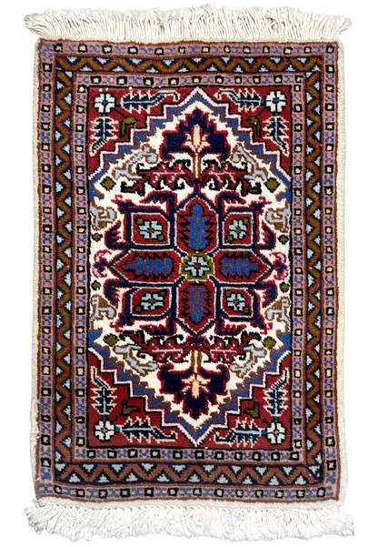 1'3 x 2 Persian Ardebil rug with red field and ivory and blue geometric medallion
