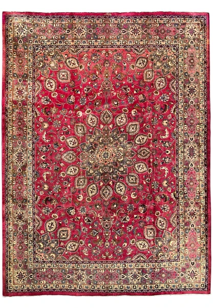 9'10" x 13' Persian Mashad rug, raspberry red field with all-over floral design and central medallion