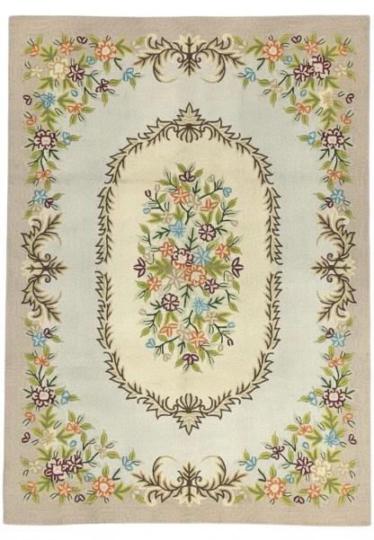 8 x 11 Indian hand hooked rug with oval floral medallion on a soft blue field