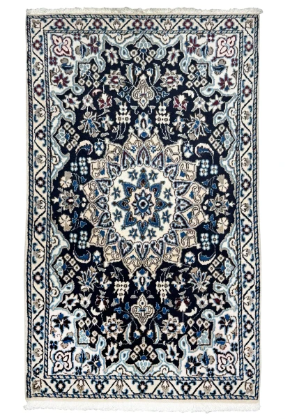 3 x 5 Persian Nain rug with an ivory star medallion on a navy blue field, hand-knotted wool