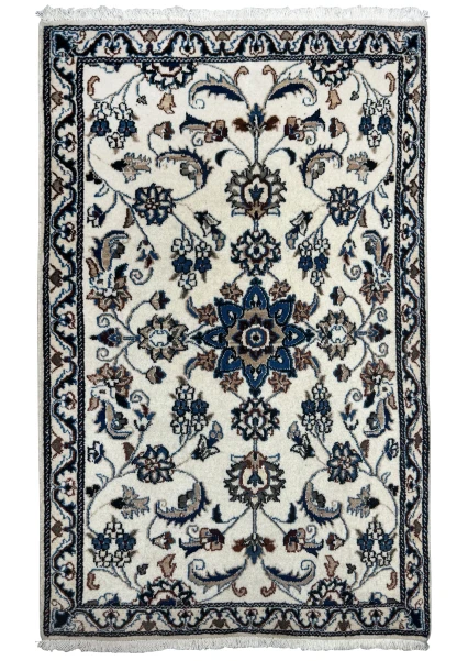 3 x 4 Persian Nain rug with a blue floral design on a soft ivory field, hand-knotted wool