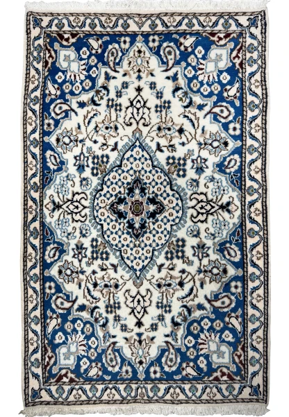 3 x 4 Persian Nain rug with an ivory medallion on a royal blue field, hand-knotted wool