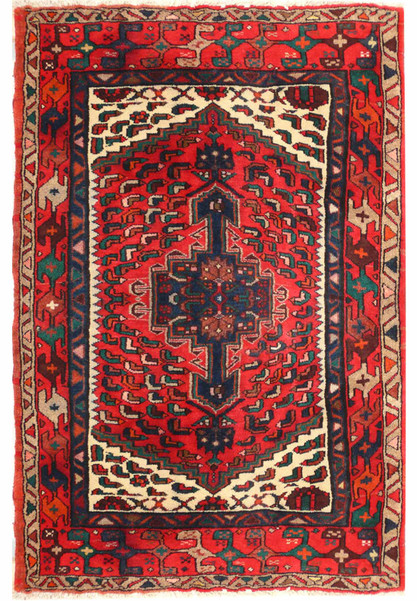 Full view of the 3'5 x 5 Persian Hamedan rug with traditional designs