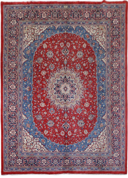 10x13 Persian Sarough rug in vibrant red and navy blue shades, showcasing the entire rug's intricate design