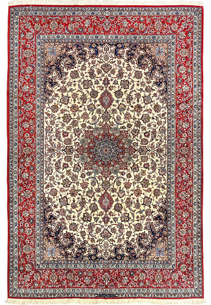 Full view 8x12 premium Persian Isfahan wool silk rug ivory field crimson red border navy floral medallion signed Persia