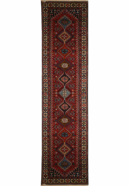 Top view of 3' x 14' Persian Geometric Yalameh Rug featuring intricate geometric patterns
