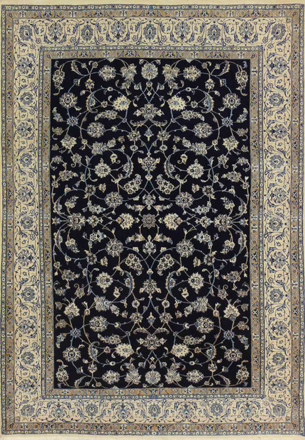 Full view of the 6'5 x 9'6 Persian Nain 9LAA rug with an all-over botanical pattern