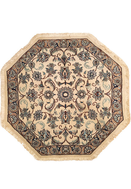 3'4 x 3'4 Persian Nain octagon rug with ivory ground, teal and burgundy floral drawing