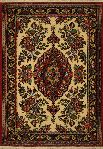 Overall view of the 2'5" x 3'5" Persian Qum Kork Rug, showcasing its fine craftsmanship and detailed patterns