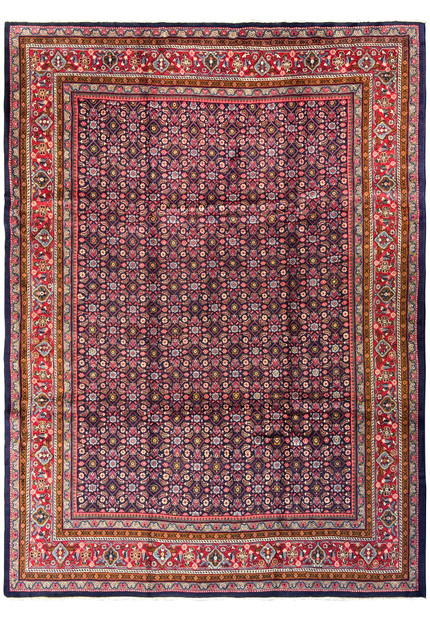 9'8 x 13'2 Persian Mahal Rug with a deep navy blue background and vibrant red, gold, and green floral patterns