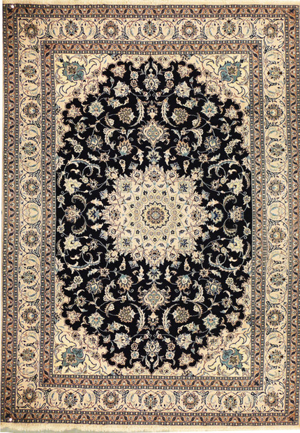 Full view of 8′1″ × 11′4″ Persian Nain rug with beige field and navy medallion