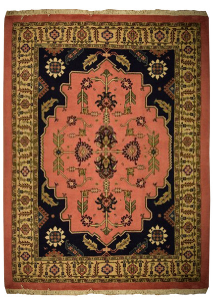 Unique 5'9" x 8'4" Persian Tabriz rug displaying a rich salmon-pink field with navy blue floral accents and intricate border details.