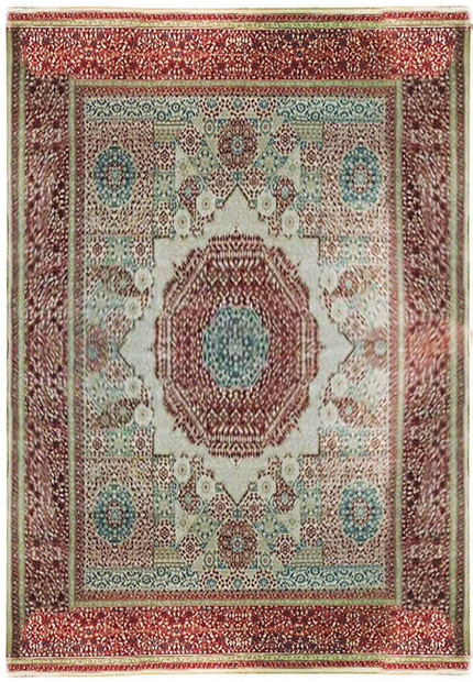 Close-up of the central medallion pattern on a handmade Agra rug, showcasing the detailed craftsmanship and rich burgundy color