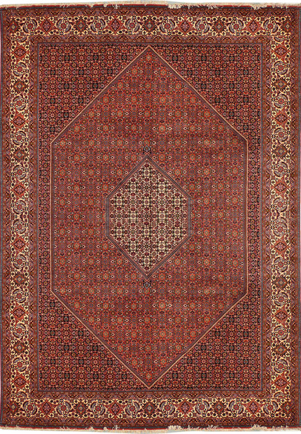 Overhead view of an 8'2" x 11'7" Persian Bijar Rug with a burgundy field and intricate silk accents.