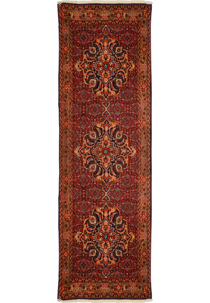 Full-length view of a 3 x 10 Persian Bijar Runner with intricate red, blue, and cream patterns