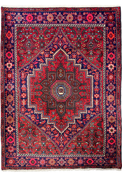Full view of a 3'4" x 4'8" Persian Gholtogh rug with a navy blue base and intricate crimson medallion centerpiece, perfect for luxury home decor