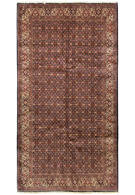 Full view of a 6'6" x 13' Persian Bijar Rug showcasing its symmetrical all-over floral pattern and rich color palette.