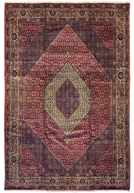 Overhead view of a 9'7" x 13'8" Persian Bijar Rug, displaying an intricate central medallion and a complex border with deep red and navy blue hues