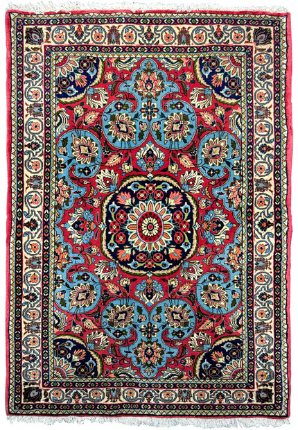 Full view of a Persian Bijar rug showcasing rich red and navy blue colors with detailed floral and medallion patterns on a 3'7" x 5'2" size, perfect for collectors of handmade wool rugs