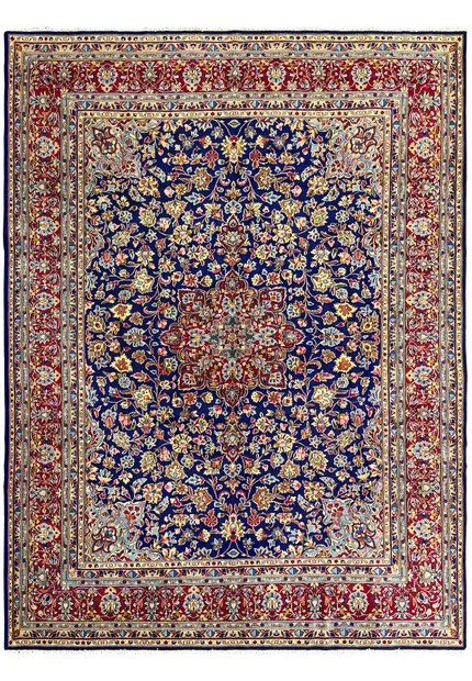Detailed view of a 10 x 13'6 Persian Kerman Rug, approximately 50 years old, showcasing its intricate floral pattern and vibrant colors, in like-new condition, never used
