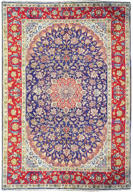 Beautiful 10'6 x 15'8 Persian Najafabad Rug featuring a central medallion design with intricate floral patterns, rich navy blue field, and vibrant red, gold, and ivory accents. High-quality hand-woven rug showcasing exceptional craftsmanship and fine detail, perfect for large living spaces