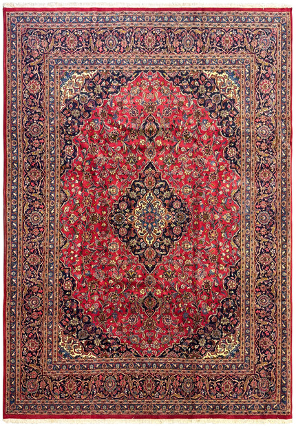 Full view of a 9'8 x 13'5 Persian Kashan Rug with intricate floral and vine motifs in rich red, navy blue, gold, and cream colors.