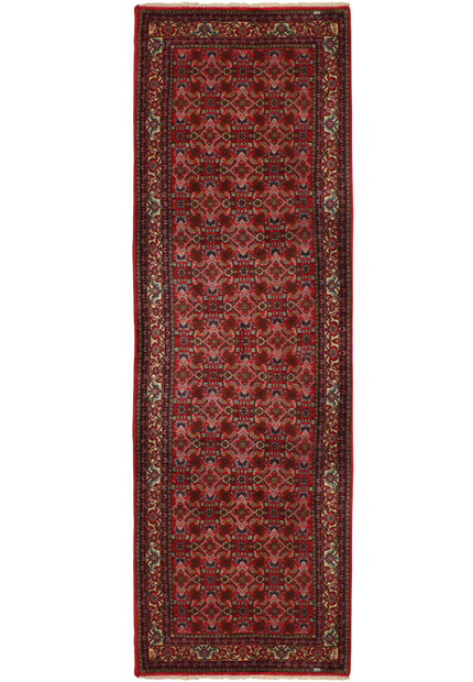 Full view of the 3' x 9'9" Persian Bijar runner rug, laid out flat to display its complete design. The rug features a dominant red color palette with intricate patterns and border details, typical of traditional Persian artistry.