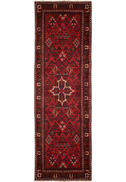 3'5" x 11' Persian Meymeh runner rug, showcasing its intricate central medallion and geometric patterns in rich red, blue, ivory, black, and green colors. The high-quality wool and fine craftsmanship are evident, making it a perfect addition to any hallway or narrow space.