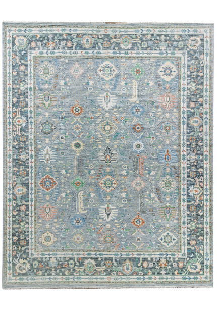 Full view of 12' x 15' Designer Gray Oushak Handmade Rug with intricate motifs