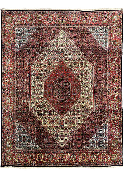 Full view of a 10x12 Persian Bijar rug with layered geometric medallions, dense hand-knotted wool pile, ivory field, deep red borders, and classic Kurdish design.
