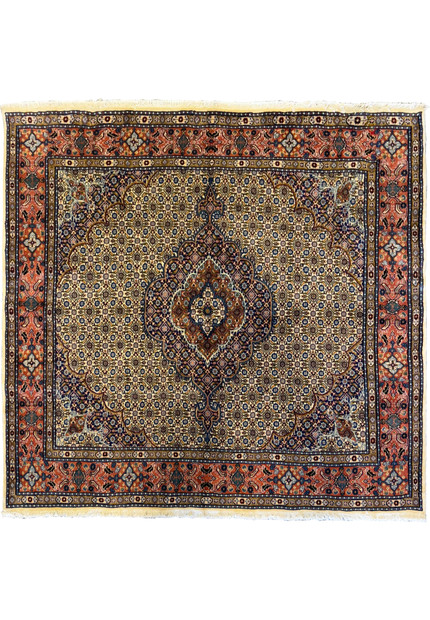 Full view of a 6'6 x 6'9 Persian Moud Square Rug showcasing intricate floral and geometric patterns with a central medallion in navy blue, terracotta, ivory, and light blue